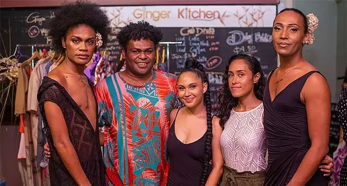 Fashion designers Epel Tuibeqa (second from left) and Jed Taylor (fifth from ;left) with models after the Koro Marakawa Fashion Show at the Fiji Museum on October 29,2022. Photo: Leon Lord.