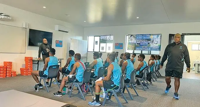 Fijiana 7s players with their blackboard session with head coach Saiasi Fuli in Brisbane, Australia, on June 8, 2021. Fiji Rugby Union chief executive officer John O’Connor said the Fijiana 7s team are dedicating all their games at the PacificAus Oceania 7s tournament to all frontliners in the country.  Photo: FRU Media