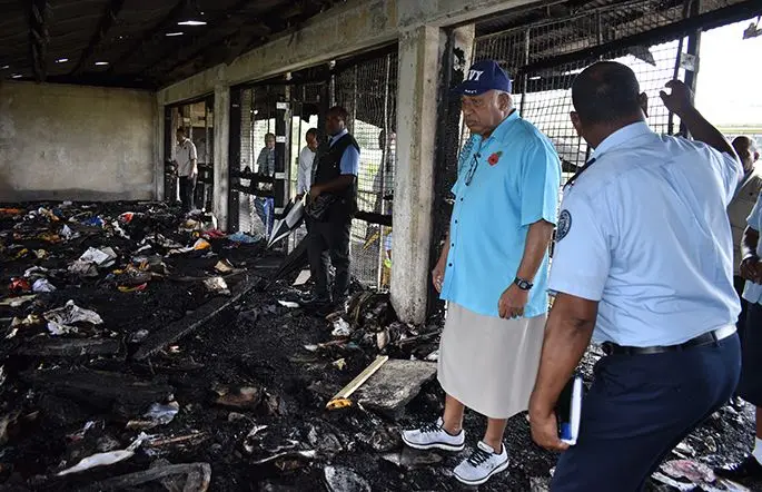 Prime Minister Voreqe Bainimarama on October 30, 2019, visits his former Degei House dormitory at Ratu Kadavulevu School, Tailevu, which was destroyed by fire last week. Photo: Office of the Prime Minister
