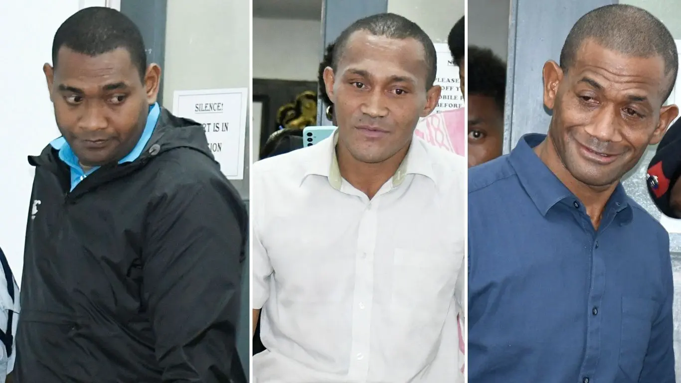 Murder accused (from left) Simione Rokosemudu, Ilisoni Waqa and Iowane Sakanaisoro outside the High Court in Suva on October 23, 2026. 