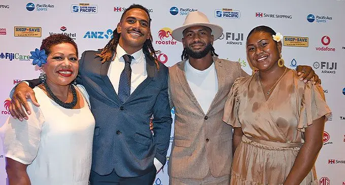 From left, Mum Makarita Savai, son Selestino Ravutaumada, Frank Lomani and Anesi Grace during the Fiji Airways Drua awards night at Sofitel Fiji Resort on Denarau, Nadi on June 11, 2024. Photo: Waisea Nasokia