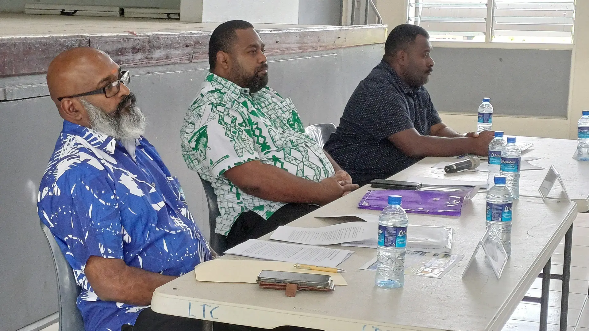 Standing Committee on Justice, Law and Human Rights member, Sachida Nand chairperson Ratu Rakuita Vakalalabure and member Aliki Bia during the consultation on the Yaqona (Kava) Bill at the Civic Centre in Labasa on October 13, 2026. 
