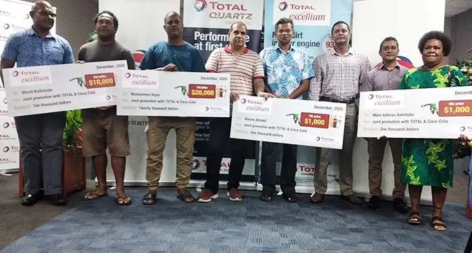 From left: Epironi Tulele, Maleli Kolinivala, Mohammed Aiyaz, Wasim Ahmed, Total Fiji managing director, Kazi Rahman,Sachin Chaudry, Amit Jattan and Mere Adiluvu at the Total Fiji Limited office at Walu Bay, Suva.