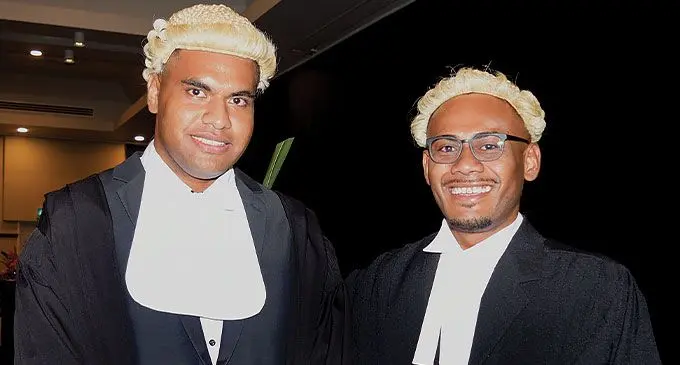Samuela Savu and Koroi Cakacaka following their admission to the bar at Grand Pacific Hotel on April 6, 2024. Photo: Ronald Kumar