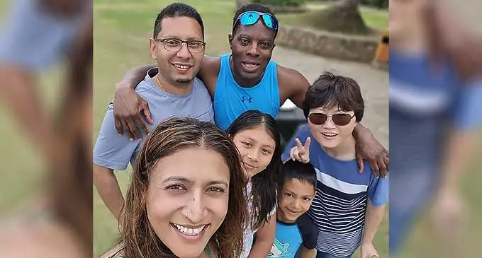 Front, from left: Arti Singh, Risha Singh, Arush Singh, Mengdi Niu, (back from left) Ravi Singh and Evans Chileshe during their recent trip to Fiji.