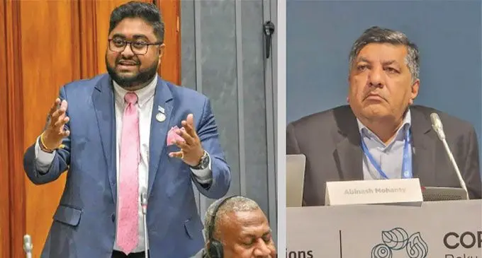 From left: Fiji Opposition Member of Parliament Ketan Lal and the Minister for Multi-Ethnic Affairs Charan Jeath Singh, (right), have been reported to have different views in the minister’s presentation during the COP29 in Baku, Azerbaijan.