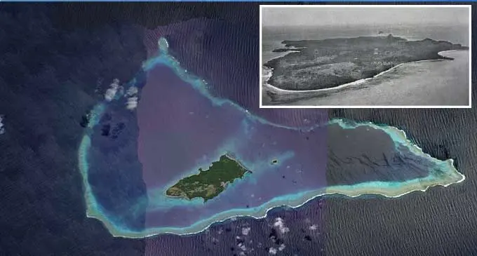 Na yanuyanu ko Oneata, mai na Yatu Lau, ena siga nikua. Photo: Google Maps . Inset: Oneata Island from the air.