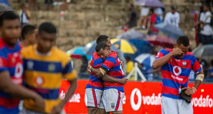 Marist Brothers High School full-back Brandon Song takes on the Ratu Kadavulevu School defence during the Vodafone Deans Trophy U18 quarterfinals at the HFC Bank Stadium, Suva, on September 24, 2022. Photo: Leon Lord