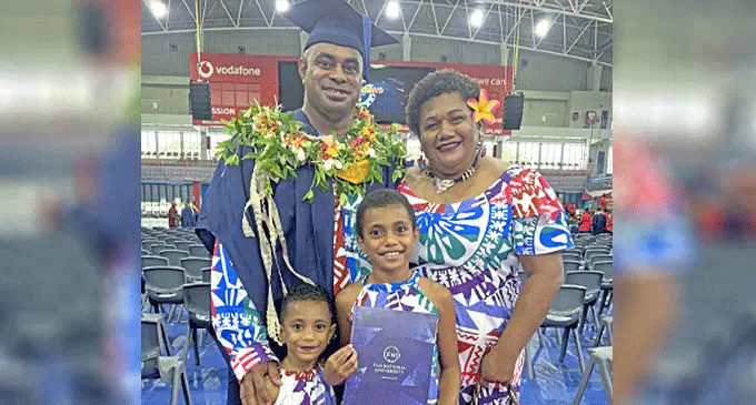Former national sprinter Iliesa Namosimalua with wife Kelera and daughters Lavenia and Miriama Namosimalua during the Fiji National University graduation at the Vodafone Arena on April 15, 2025. Photo: Sereana Salalo