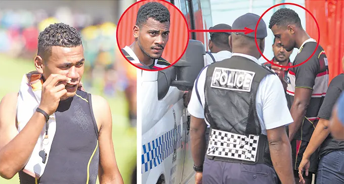 Naitasiri under 19 lock Keresi Meya (circled in right photo, also pictured in Inset photo) taken in by Police after punching referee, Peni Talemaivavalagi (left photo) during their match against Tailevu at Ratu Cakobau Park on August 29, 2020.  Photos: Ronald Kumar