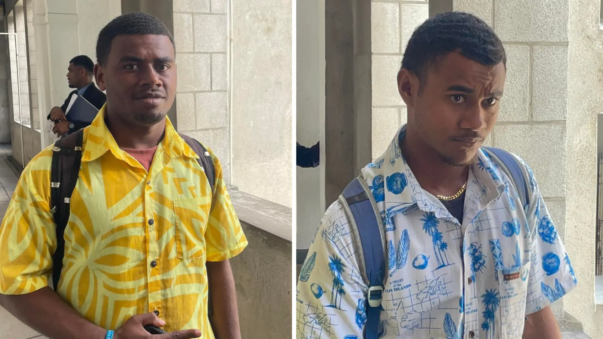From left, Alexander Leweniqila, 19 and Manoa Vakavunivalu, 19, outside the High Court in Suva.