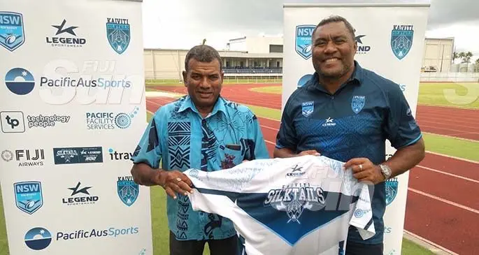 Rugby league legend and former Vodafone Fijian Bati captain Petero Civoniceva (right) with Lautoka City Council chief executive officer Jone Nakauvadra at Churchill Park, Lautoka on January 15, 2020 .Photo: Waisea Nasokia