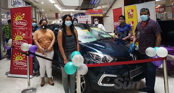 Representatives from MH and MaxVal-u supermarket and Goodman Fielder during the ‘Buy and Win Promotion’ draw at MHCC complex in Suva on July 10, 2021. Photo: Laiseana Nasiga