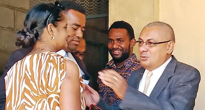 Political activist Ben Padarath greets supporters outside the Ba Magistrates Court on April 8, 2021. Photo: Salote Qalubau
