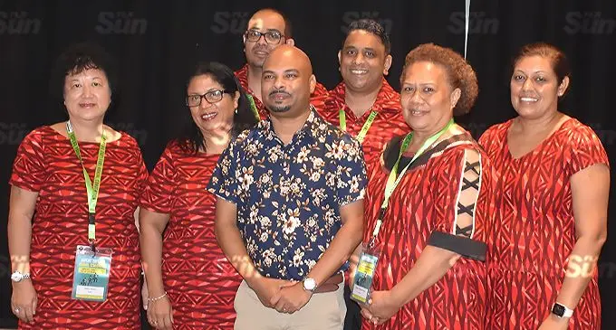 Front from left: Fiji Human Resources Institutes (FHRI) Board Trustee Jenny Seeto, FHRI Board vice president Rosie Fong, Fiji Human Rights and Anti-Discrimination Commission Director Ashwin Raj, FHRI Board secretary Louisa Tuimabulau, FHRI committee member Janice Singh. FHRI executive board members from left: Treasurer Avnit Sundar and vice president Ravinesh Krishna during the 2021 BSP Life FHRI Convention at the Sofitel Fiji Resort and Spa on Denarau, Nadi on November 27, 2021. Photo: Maraia Vula