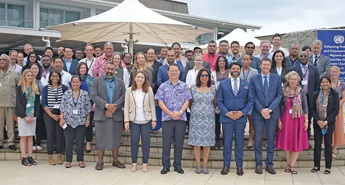 United Nations Trust Fund for Human Security (UNTFHS) and stakeholders meeting on Climate Change and Disaster Displacement workshop participants with Attorney-General Aiyaz Sayed-Khaiyum at the Holiday Inn Suva on March 26, 2019. Photo: Ronald Kumar