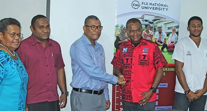 From left: Fiji National University’s head of school Health Sciences Maria Waloki, head of department Physiotherapy Venasio Ramabuke, dean for the College of Medicine, Nursing and Health Sciences Dr William May, Marist Rugby Club president Lawrence Tikaram and students Sakiusa Naika and Amelia Matavou in Suva on March 14, 2019. Photo: FNU Media