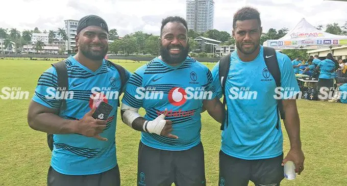 Vodafone Flying Fijians players after their training at Albert Pak, Suva on July 5, 2022. From left: Mesulame Dolokoto, Mesake Doge and Kitione Kamikamica. Photo: Sereana Salalo