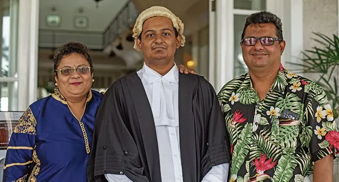 Proud parents Charlie Pathank and Sherin Pathak with their son Rajiv Pathak after he was admitted to the bar in Suva on April 9, 2021. . Photo: Wati Talebula-Nuku