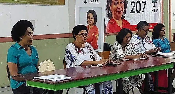 From left: National Federation Party (NFP) candidate Divina Loloma, The People’s Alliance (PA) candidate Mereseini Baleilevuka, NFP candidate Sashi Kiran, PA candidate Lavinia Kaumaitotoya and NFP candidate Kirti Patel during the joint campaign event at the RSL Hotel in Lautoka on December 5, 2022. Photo: Salote Qalubau