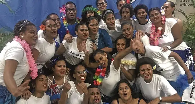 Packleaders Pacific staff members showing support for the Fiji Airways Fijian 7s players. Photo: Grace Narayan.