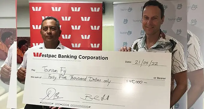Westpac Fiji chief executive officer Shane Smith (left), and Tourism Fiji chief executive officer Brent Hill in Nadi on April 21, 2022. Photo: Waisea Nasokia
