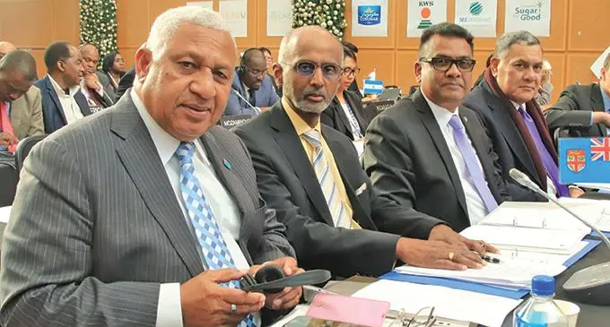 At the International Sugar Organisation Council meeting in London: From left: Prime Minister and Minister for Sugar Voreqe Bainimarama, Fiji Sugar Corporation chairperson Vishnu Mohan, Permanent Secretary to the PM’s Office Yogesh Karan and Fijian High Commissioner to the United Kingdom Jitoko Tikolevu on November 30, 2019.  Photo: Office of the Prime Minister