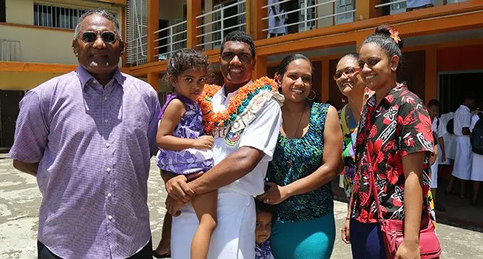 From left: Dad Jekesoni Yavala, MBHS head boy Joshua Lewenilovo with niece Mary Banner, sister Adi Paulini with nephew George Banner, mum Maria Lewenilovo and  sister Adi Lagilagi after the prefects induction ceremony at Lambert Hall in Flagstaff, Suva, on February 6, 2020.  Photo: Kelera Sovasiga