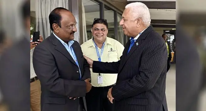 Prime Minister and Minister for iTaukei Affairs, Sugar Industry, Foreign Affairs and Forestry, Voreqe Bainimarama (right) speaking with FSC’s head of agriculture, Lakshman  (left) and the Sugar Cane Growers Fund CEO, Raj Sharma (middle) at the opening of the 60th International Sugar Organization Council Meeting and Workshop at the Tanoa  Waterfront Hotel in Lautoka on August 16, 2022. Photo: DEPTFO News