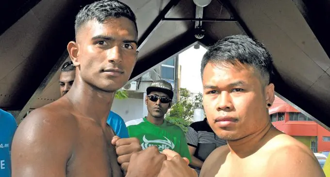 Westwood Promotions main bout boxers, Sabastian Singh (left) and Jomyuth Sor Narongchai during weighing at Ratu SukunaPark in Suva on February 15, 2018. Photo: Ronald Kumar.
