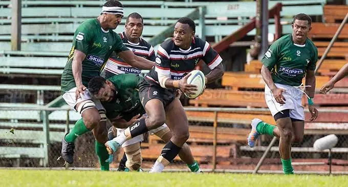 Naitasiri first five eight Peceli Nacebe (with ball) tries to escape a tackle from a Tailevu players during their Skipper Cup Round 2 clash at Ratu Cakobau Park, Nausori on March 9, 2024. Photo: Sereana Salalo