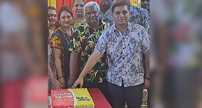 Front from left: Sharine Lata, director and chief executive officer, Arun Sami, and Nadi special administrator chairperson, Lawrence Kumar, during the company’s anniversary celebration at the Sentai Restaurant in Nadi on November 30, 2022. Photo: Waisea Nasokia