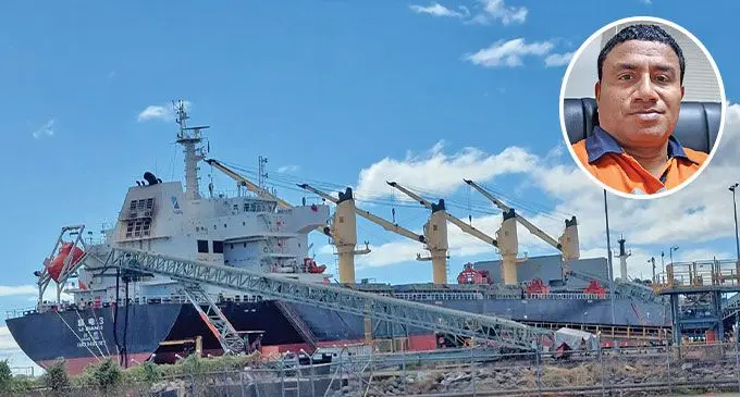 A vessel is loaded with iron sand at Amex Resources Limited’s Lautoka Wharf. Inset: Amex Resource Limited general manager Alivereti Tuidravuni.. Inset: Amex Resource Limited general manager Alivereti Tuidravuni.