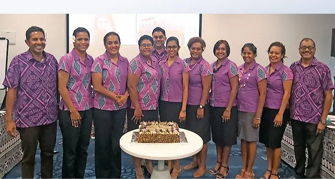 Female Executives at Tanoa Hotel Group with Managing Director Rohit Reddy on far left hand side, Group Financial Controller Shaneel Padarath (back middle) and Area General Manager Narend Kumar on far right hand side. Director Kamini