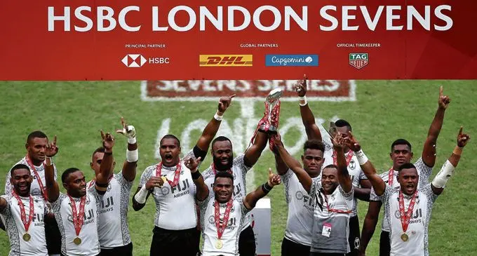 The triumphant Fiji Airways Fijian 7s team after their win at the London 7s at Twickenham on Monday. Photo: World Rugby