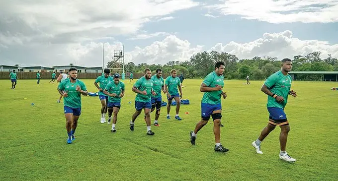 Swire Shipping Fijian Drua players (from left): captain Nemani Nagusa, Tevita Ikanivere, Te Ahiwaru Cirikidaveta and Sorovakatini Tuifagalele during a team training session on March 15, 2022. Photo: Fijian Drua.
