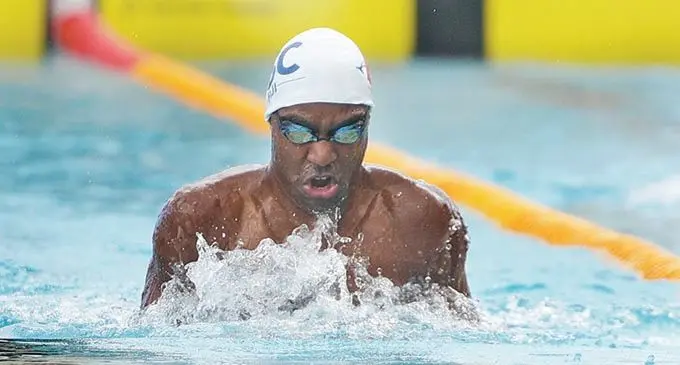 Epeli Rabua during men’s 100meters backstroke final at Damodar Aquatic centre on December 23, 2020. Photo: Ronald Kumar.