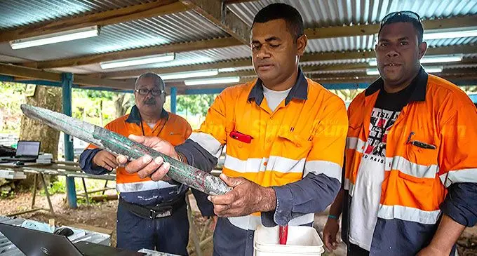Lion One Fiji Geologist (f/l) Sekonaia Bulu, Geology assistant Sailosi Saukuru i and Geologist Waisiki Ravuasese at Tuvatu, Nadi, on March 17, 2022. Photo: Leon Lord.