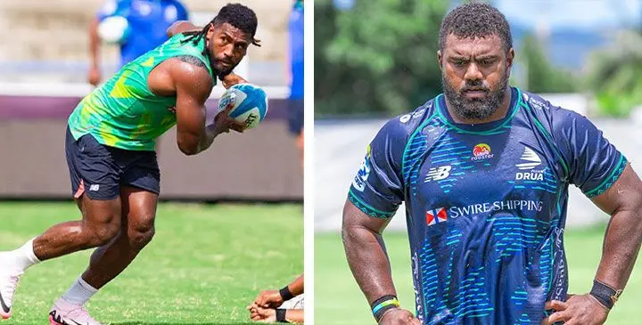 Fijian Drua captain Frank Lomani and Swire Shipping Fijian Drua hooker Mesulame Dolokoto. Photos: Fijian Drua