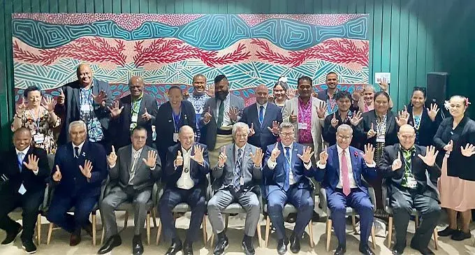 Pacific Island leaders sitting (second from left) Fiji’s Permanent Representative to the United Nations Dr Satyendra Prasad, (sitting fourth from left) Pacific Climate Finance & Climate-Ocean Nexus Champion, Cook Islands Prime Minister Mark Brown, Pacific Islands Forum Secretary General Henry Puna, Australia’s Minister for International Development and the Pacific Pat Conroy and COP26 President Alok Sharma with pacific leaders and youths at the COP27 Pavilion at Sharm El-Sheikh, Egypt, on November 9, 2022. Photo: Supplied