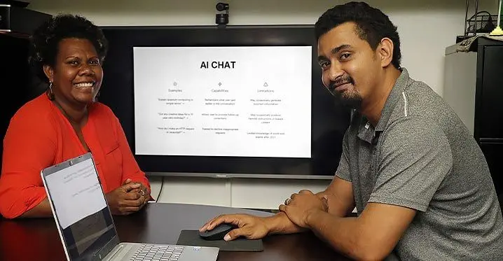 From left: Webmedia South Pacific Team Leader Comms and Marketing Asenaca Ramasima and Visual Communications Manager Jonathan Pranjivan take artificial intelligence to the next level.