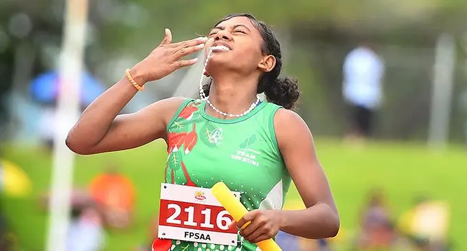 Taveuni’s Lailani Matai celebrates winning the Under-14 4x100m relay at the HFC Bank Stadium, Suva, on November 29, 2024. Nadi District won the girls division while Suva One took out the boys division. Photo: Ronald Kumar
