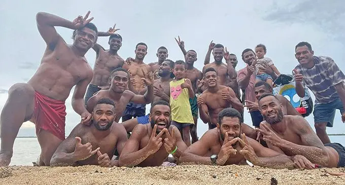 Former Fijian sevens playmaker Napolioni Bolaca (middle second from right) with the Wadigi Salvo side after training at Saweni Beach, Lautoka on December 23, 2022. Photo: Wadigi Salvo Rugby