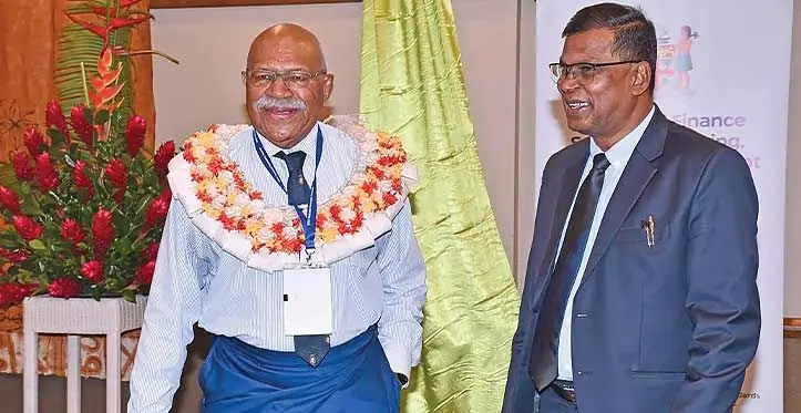 Prime Minister Sitiveni Rabuka and Minister for Finance Biman Prasad during the 2023 National Summit at the Grand Pacific Hotel on April 10, 2023. Photo: DEPTFO News