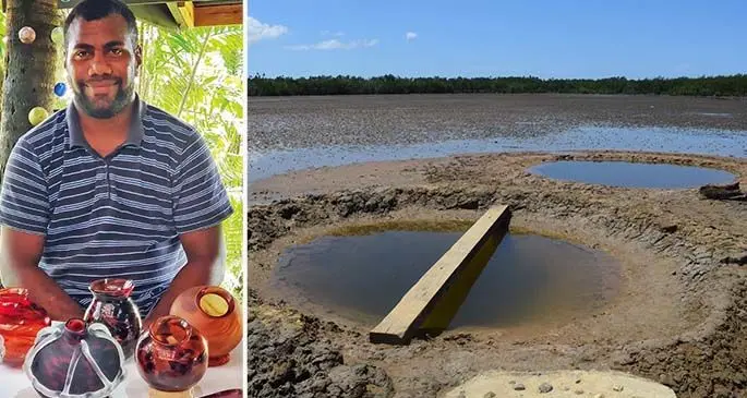 Pita Vibose shows off his creations from Hot Glass Fiji (Left) and salt pools in Lomawai Village, Nadroga (Right).