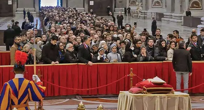 The body of late Pope Emeritus Benedict XVI laid out in state inside St. Peter’s Basilica at The Vatican on January 2, 2023. Photo: AP