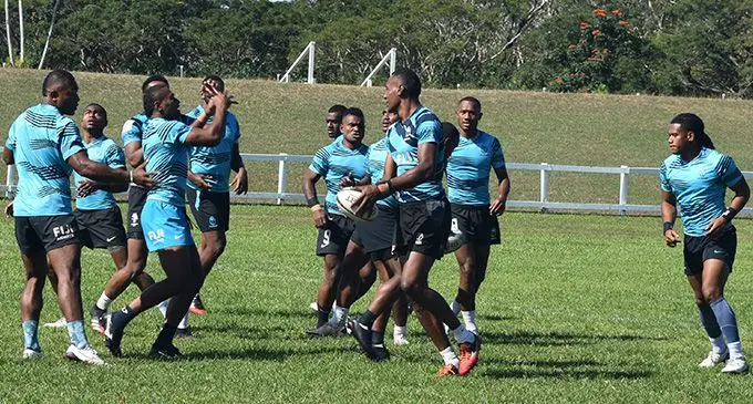 Fiji Airways Fijian sevens forward Joseva Talacolo (with ball) during the team’s training at Lawaqa Park, Sigatoka on August 23, 2022. Photo: Waisea Nasokia