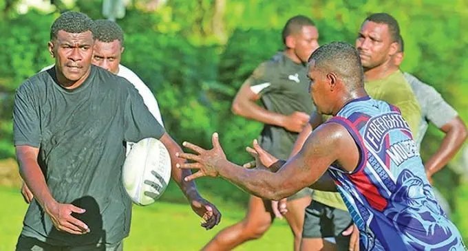 Naitasiri hooker Jone Vatukela (right) receives a pass during training at Ram Lakhan Park, Samabula in Suva. Photo: Ronald Kumar