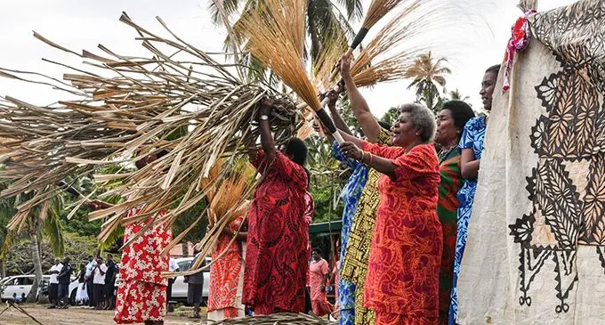The women of Sawaieke in Gau welcome the Prime Minister Voreqe Bainimarama and his delegation on July 31, 2019.  Photo: DEPTFO News