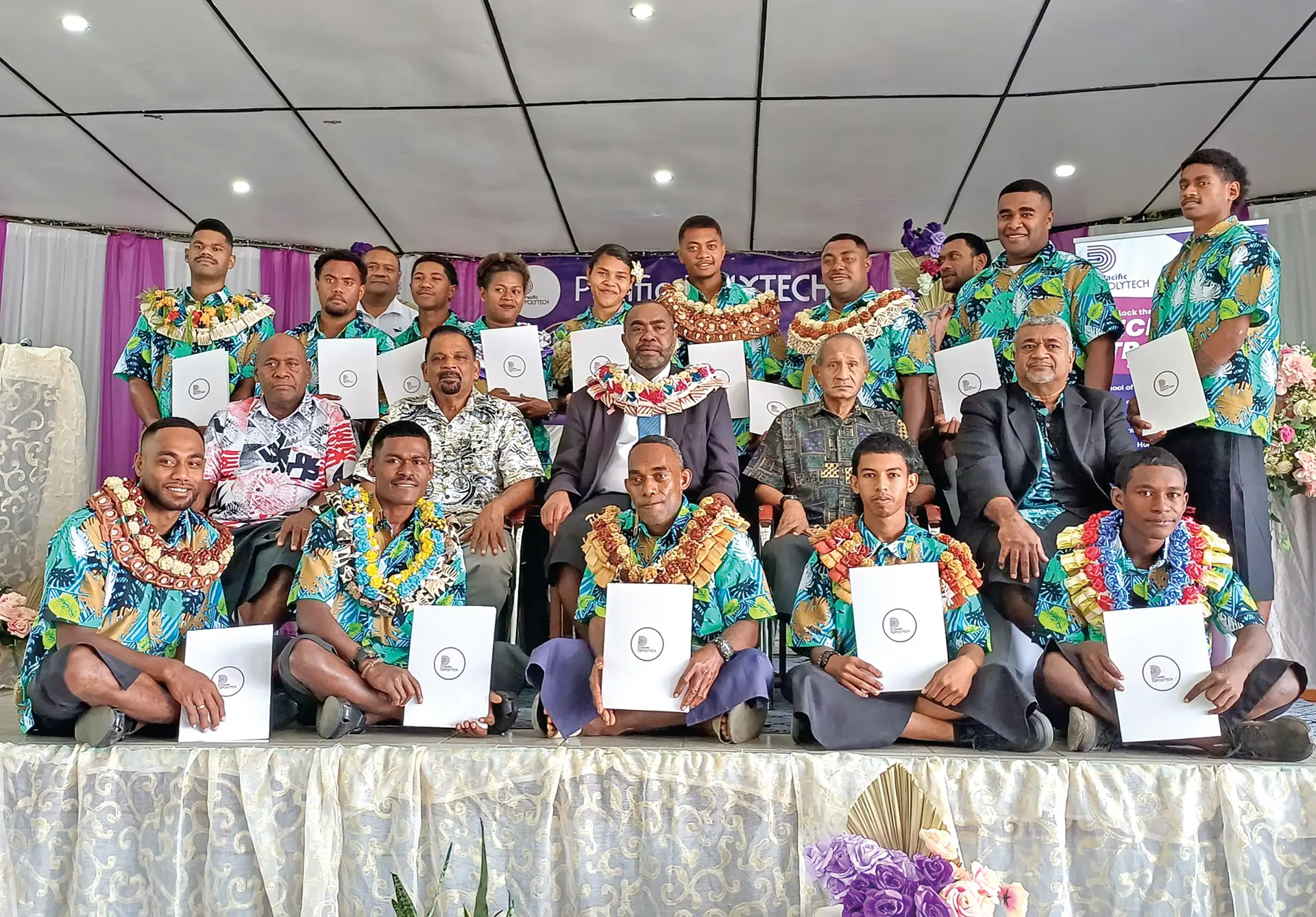 Minister for Rural and Maritime Development and Disaster Management Mosese Bulitavu third from left (second row) with graduates and staff of Pacific Polytech at the Civic Centre in Labasa on June 4, 2026.